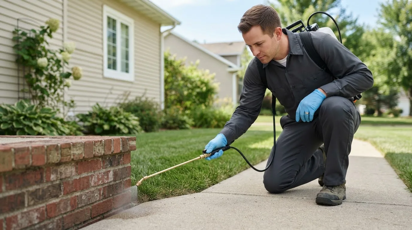 Pest control technician treating a home near Kildare, TX